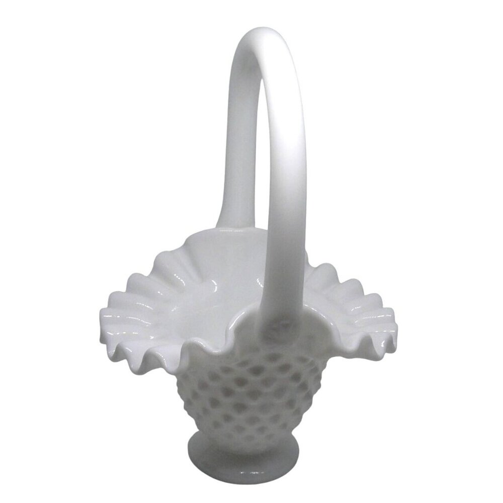 Vintage Fenton White Milk Glass Hobnail Basket with Ruffled Edge and Handle